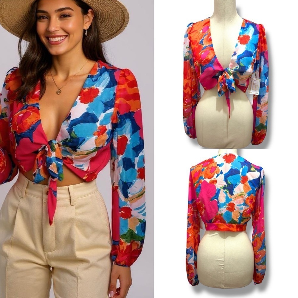 203 LUXXEL | NWT $59 Floral Tie Front Sheer Blouse (size S)